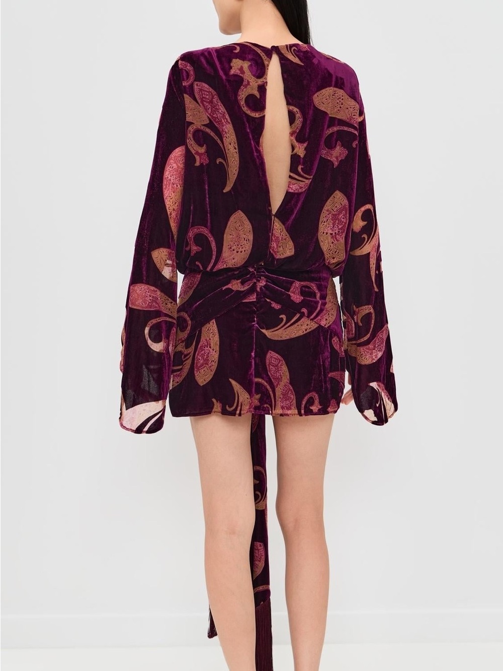 Retrofete Burgundy Velvet Paisley Tie-Waist Long Sleeve Dress - Picture 4 of 12